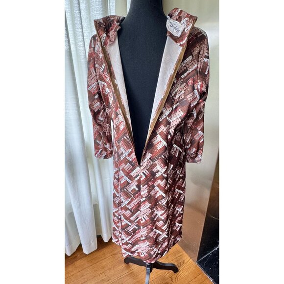 Vintage 70s dress, Mod brown orange and white abstract print, keyhole neckline - Picture 7 of 10